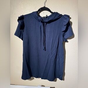 Navy ruffled flutter sleeve short sleeve hoodie sweatshirt tunic top blouse